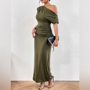SHEIN Elegant Olive Green Off-Shoulder Dress
